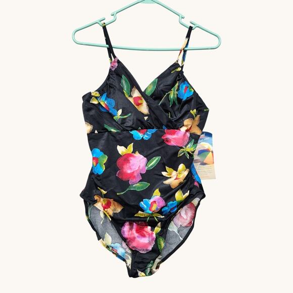NWT Sun Streak Newport News One Piece Swimsuit 16 Black Floral Wrap Top High - Picture 2 of 10